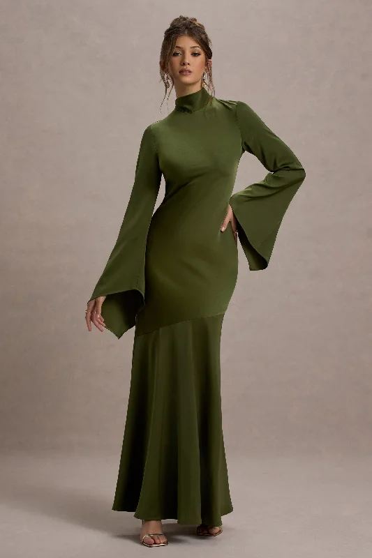 Mermaid - Style Women Dress with a Fitted Silhouette for Special OccasionsVeena | Olive Green Satin High-Neck Cut-Out Maxi Dress