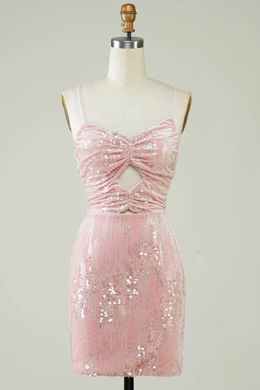 Printed Abstract Women Dress for a Modern and Artistic AppealVelvet Sequins Pink Tight Homecoming Dress with Hollow-out