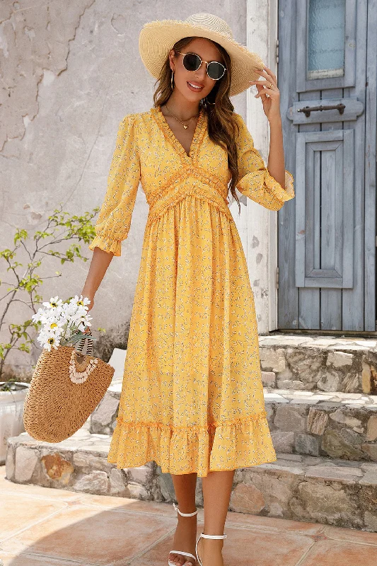 Plus Size Women Dress with a Flattering A - Line Cut for Comfort and StyleYellow Long Sleeves Floral Boho Maxi Dress