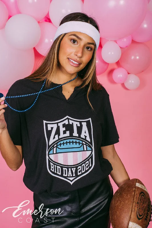 Pocketed Women T Shirt for Added FunctionalityZeta Tau Alpha Football Bid Day Notch Tee