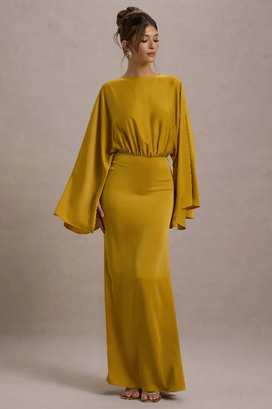 Sleeveless Women Dress in Bright Colors for Summer PartiesZuzanna | Mustard Draped Maxi Dress With Cape Sleeves