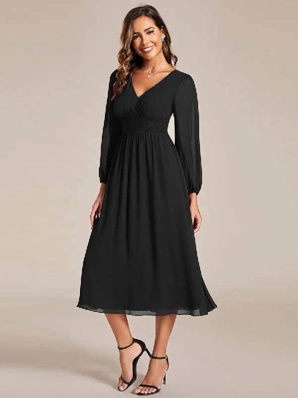 Pleated Women Dress with a Timeless and Elegant TextureChiffon V-Neck Long Sleeves Elastic Band Midi Wedding Guest Dress