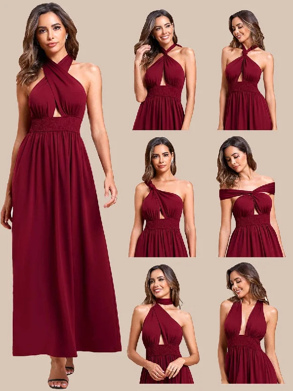 Wrap - Style Women Dress with Adjustable Fit for All Body TypesConvertible Halter A-Line Elastic Waist Tea Length Backless Bridesmaid Dress