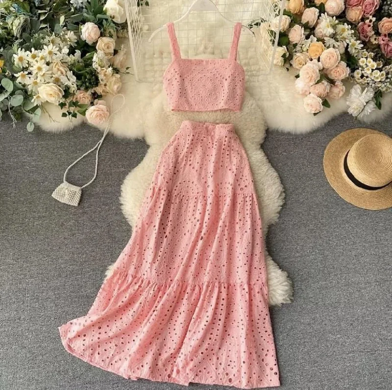 Sleeveless Women Dress in Bright Colors for Summer PartiesCorea Eyelet Coord Set