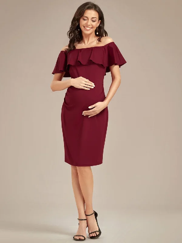 Ruffled Women Dress with Multiple Layers for a Playful and Girly StyleElegant Ruffle Off-The-Shoulder Bodycon Midi Maternity Dress