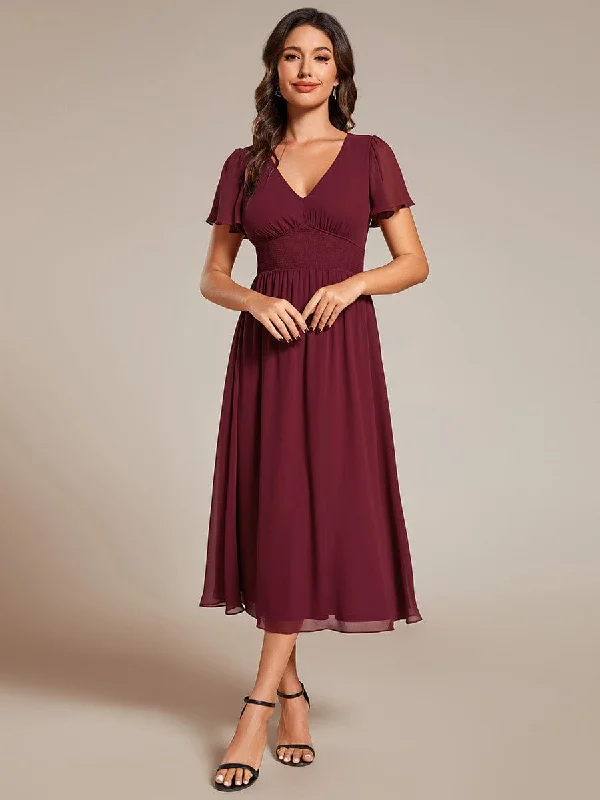 Long - Sleeve Women Dress in Velvet for a Luxurious Winter LookElegant V-Neck Ruffle Sleeves Empire Waist Wedding Guest Dress in Chiffon