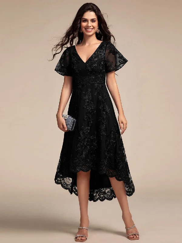 Pleated Women Dress with a Timeless and Elegant TextureEmbroidered Mesh Double V-Neck Short Sleeves Midi Wedding Guest Dress