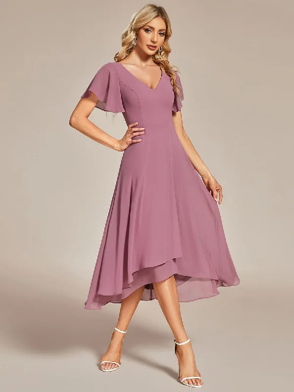 Off - the - Shoulder Women Dress for a Romantic and Feminine LookFlowing Chiffon V-Neck Ruffle Sleeves Bridesmaid Dress