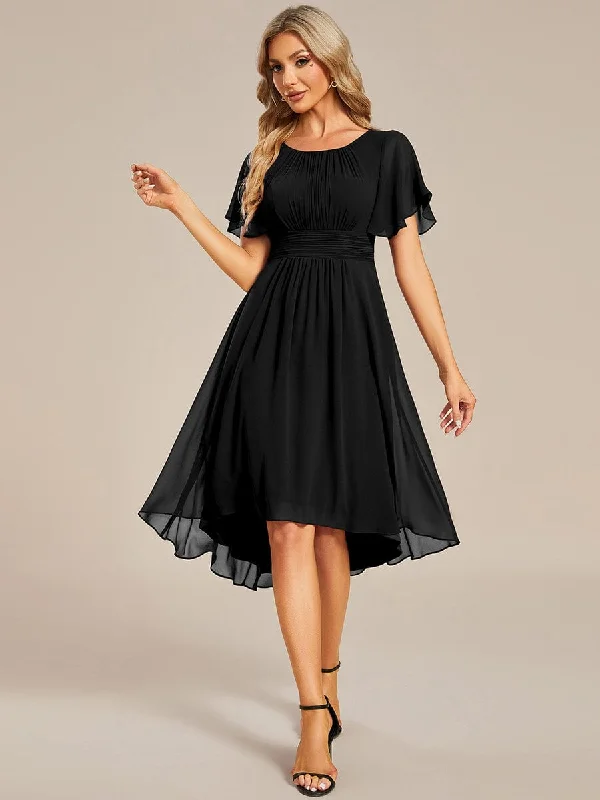 Pleated Women Dress with a Timeless and Elegant TextureFlowy Chiffon Round Neckline A-Line Knee Length Wedding Guest Dress