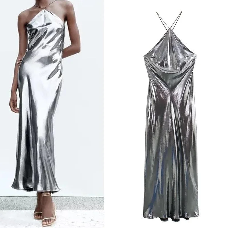 Backless Women Dress for a Sexy and Alluring Look at Evening EventsHelen Mettalic Halter Party Midi Dress