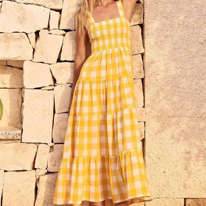 Mini Women Dress with a Short Hem for a Young and Trendy StyleHobor Gingham Maxi Dress in Yellow