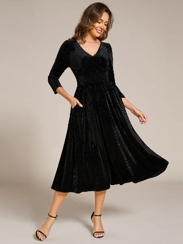 Lace - Embellished Women Dress for an Elegant and Sophisticated AppearanceLong Sleeve High Stretch Velvet Tea Length Wedding Guest Dress