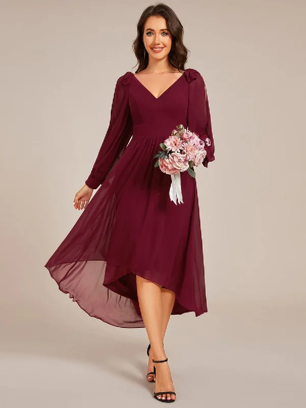 Maxi Women Dress with Floral Print for a Bohemian VibeLong Sleeve V-Neck Midi Asymmetrical Hem Chiffon Bridesmaid Dress