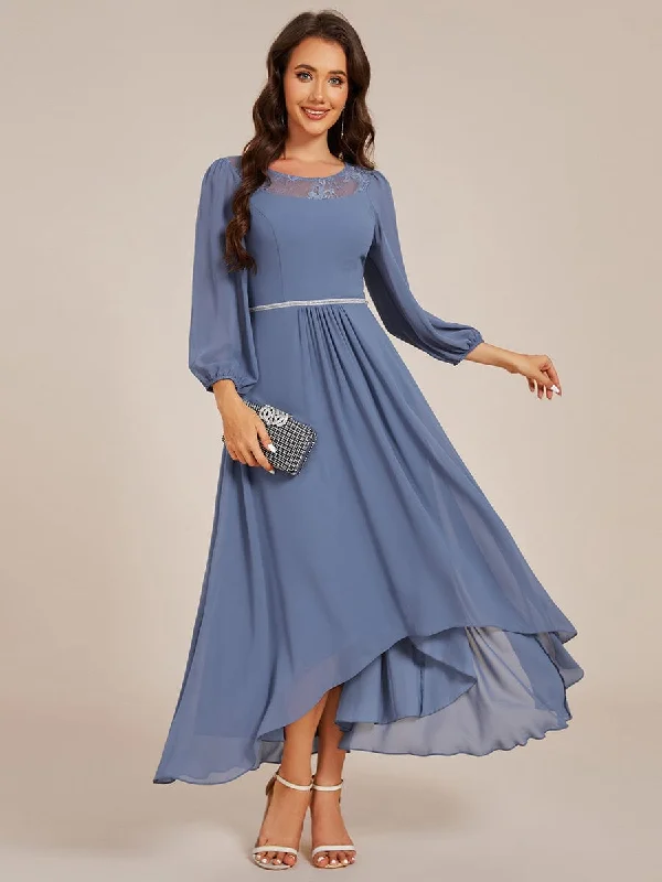 Plus Size Women Dress with a Flattering A - Line Cut for Comfort and StyleLong Sleeve Waist Chain Round Neckline Midi Chiffon Wedding Guest Dress