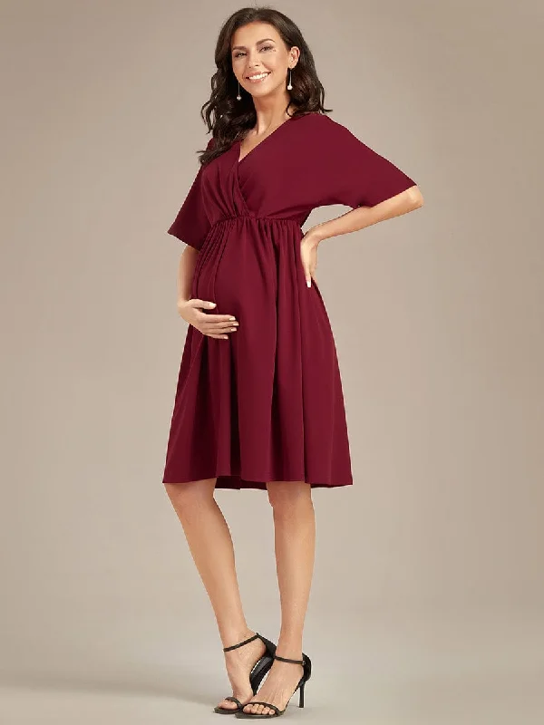 Pleated Women Dress with a Timeless and Elegant TextureLoose V-Neck Half Sleeve Knee Length Maternity Dress