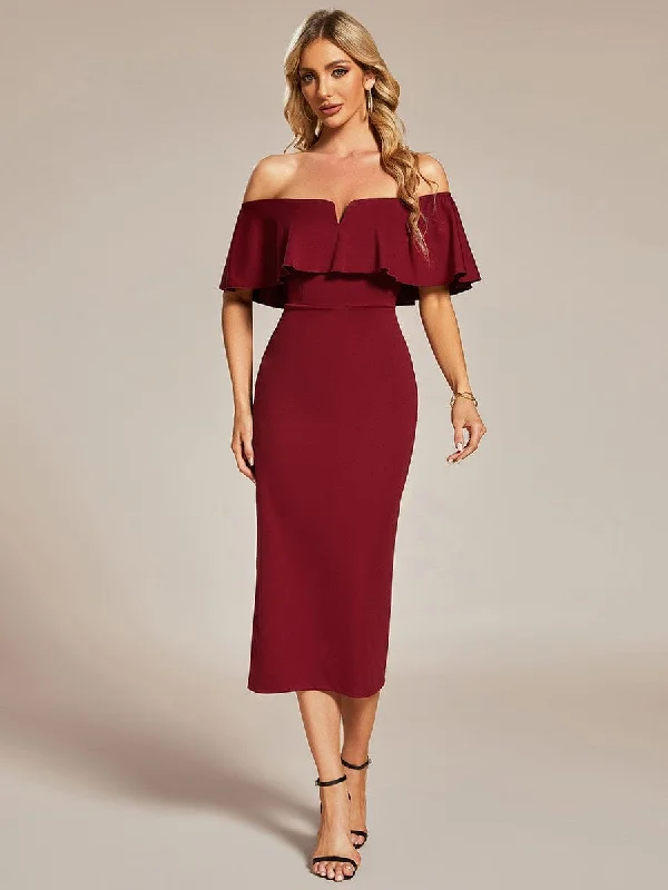 Plus Size Women Dress with a Flattering A - Line Cut for Comfort and StyleOff The Shoulder Bodycon Tea Length Wedding Guest Dress