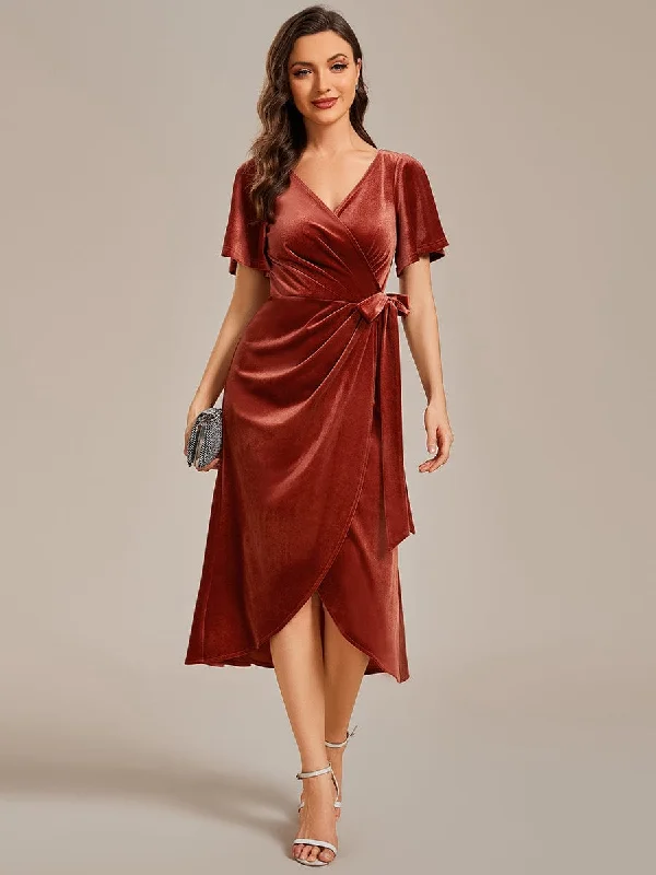 Backless Women Dress for a Sexy and Alluring Look at Evening EventsOne-Piece Type Short Sleeves V-Neck Velvet Midi Wedding Guest Dress