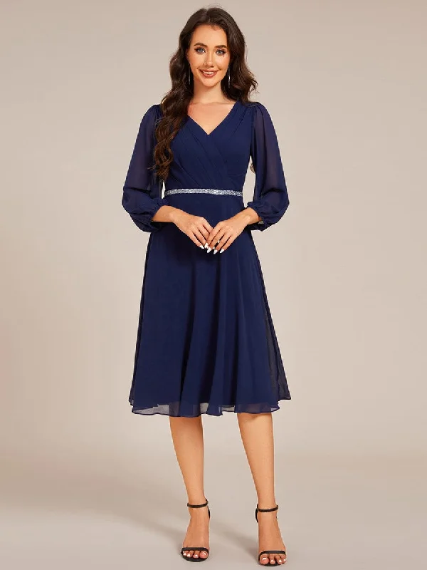 Mermaid - Style Women Dress with a Fitted Silhouette for Special OccasionsPleated A-Line Long Sleeve Midi Chiffon Wedding Guest Dress