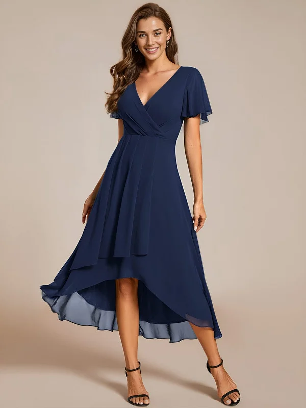 Mermaid - Style Women Dress with a Fitted Silhouette for Special OccasionsRuffles Sleeve Pleated V-Neck A-Line Midi Chiffon Wedding Guest Dress