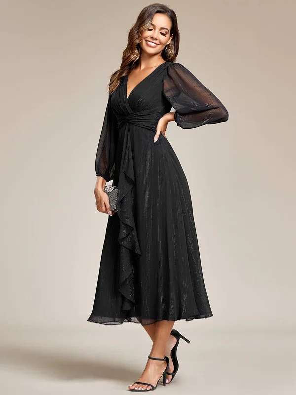 Backless Women Dress for a Sexy and Alluring Look at Evening EventsSee-Through Long Sleeve Twist Knot A-Line Lotus Leaf Shimmering Evening Dress