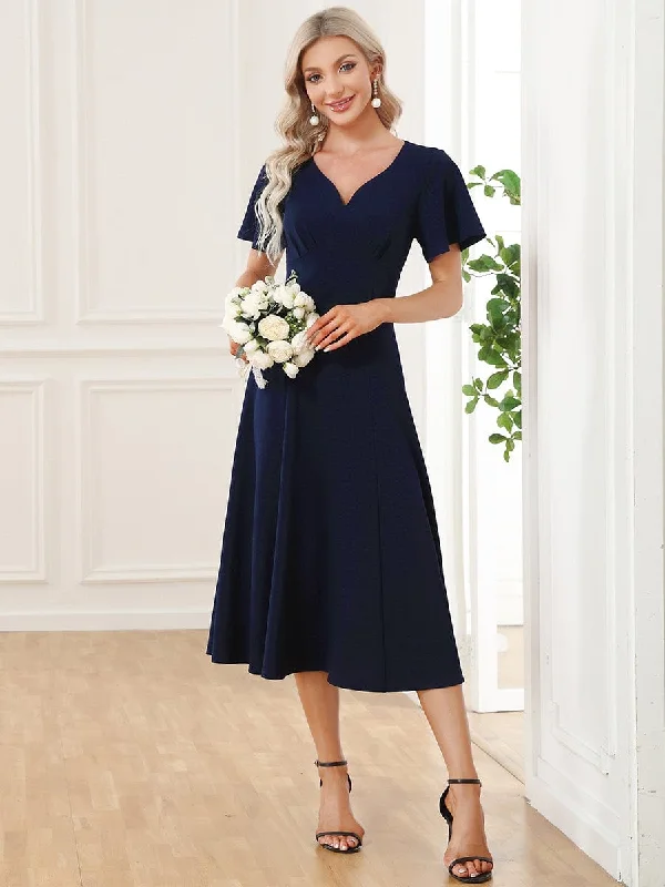 Mermaid - Style Women Dress with a Fitted Silhouette for Special OccasionsShort Flutter Sleeve V-Neck Midi Mother of the Bride Dress