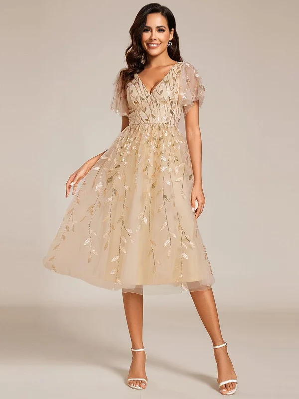 Ruffled Women Dress with Multiple Layers for a Playful and Girly StyleShort Sleeves Leaf Sequin A-Line Midi Formal Wedding Guest Dress