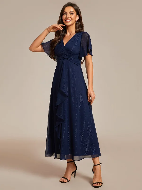 Sleeveless Women Dress in Bright Colors for Summer PartiesSilver Metallic Fabric V-Neck A-Line Wedding Guest Dress featuring Delicate Ruffled Hem