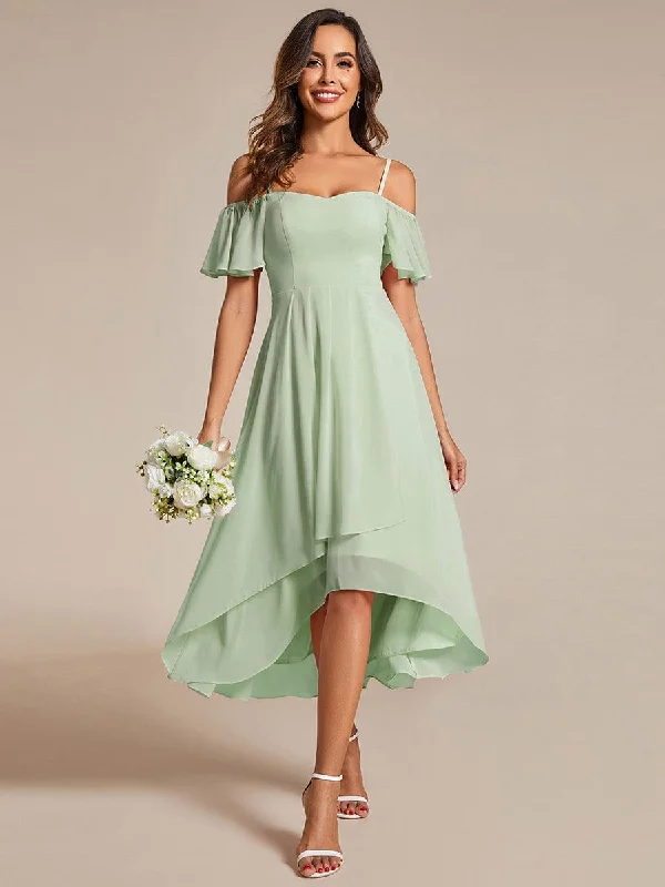 Wrap - Style Women Dress with Adjustable Fit for All Body TypesSpaghetti Strap Cold Shoulder Chiffon A-Line Midi Wedding Guest Dress