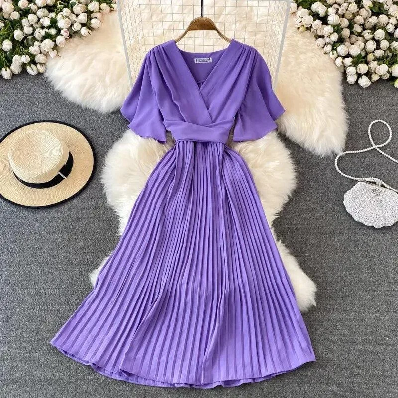 Halter Neck Women Dress to Show Off the Shoulders and NecklineTerry Pleated Luxe Summer Dress