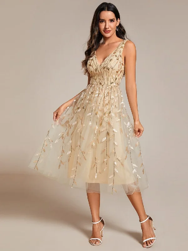 Lace - Embellished Women Dress for an Elegant and Sophisticated AppearanceV-Neck Leaf Sequined Sleeveless A-Line Midi Wedding Guest Dress