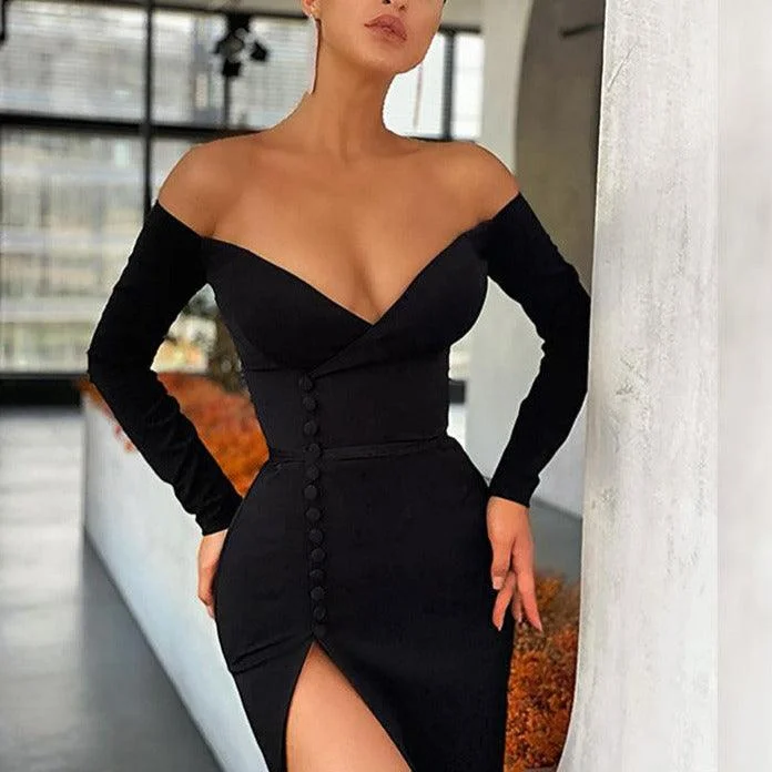 Shift Women Dress with a Simple and Classic Design for Everyday WearKittenAlarm - Arianna Off Shoulder High Slit Solid Dress