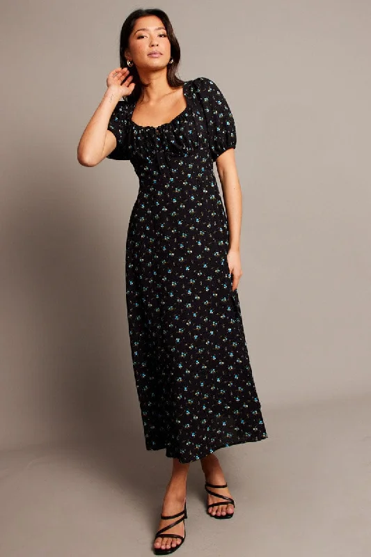 Off - the - Shoulder Women Dress for a Romantic and Feminine LookBlack Ditsy Midi Dress Short Sleeve Side Split