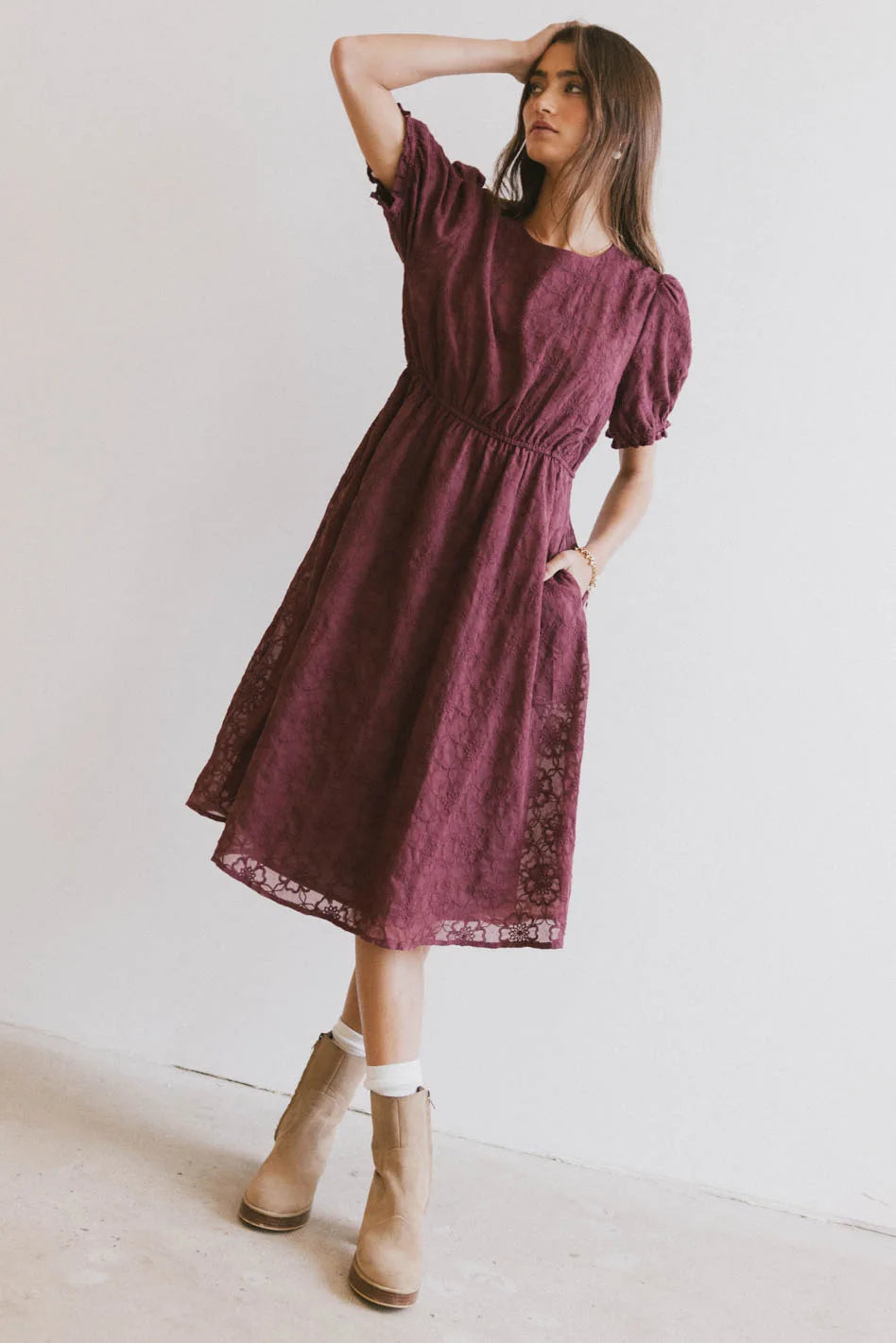 Mini Women Dress with a Short Hem for a Young and Trendy StyleCecy Embroidered Midi Dress in Burgundy