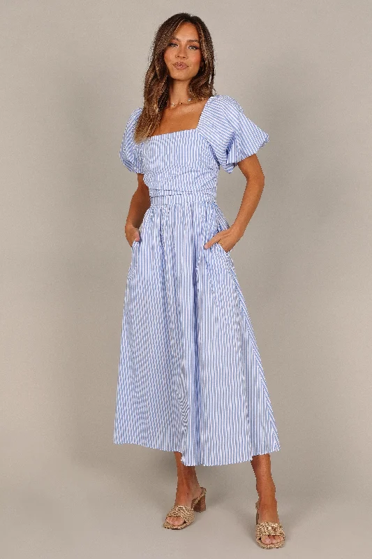 Long - Sleeve Women Dress in Velvet for a Luxurious Winter LookClo Puff Sleeve Midi Dress - Blue Stripe