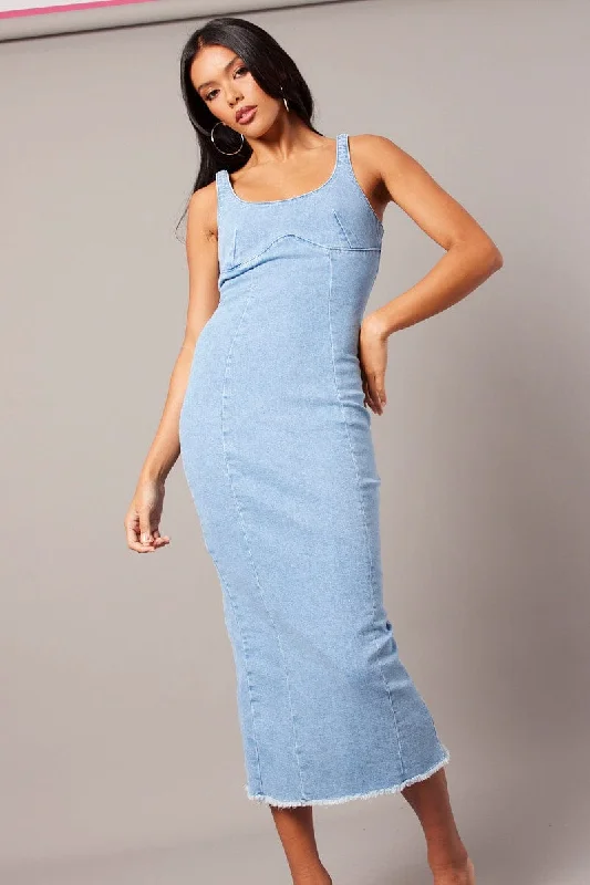 Mermaid - Style Women Dress with a Fitted Silhouette for Special OccasionsDenim Midi Dress Sleeveless Denim