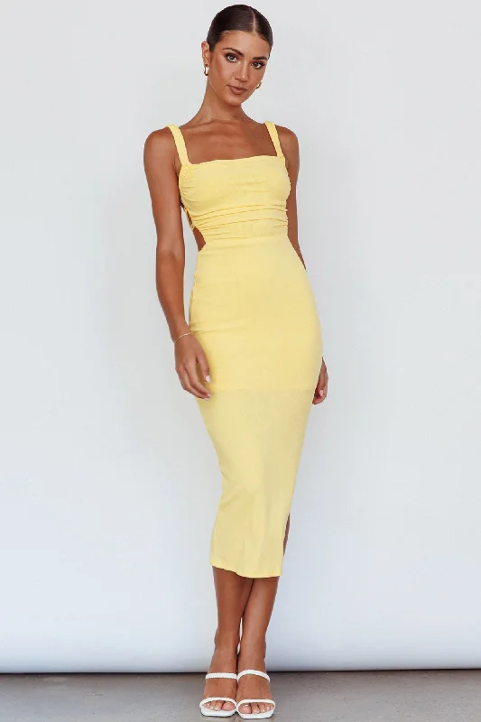 Lace - Embellished Women Dress for an Elegant and Sophisticated AppearanceDream Crush Lace-Up Back Side Split Midi Dress Yellow