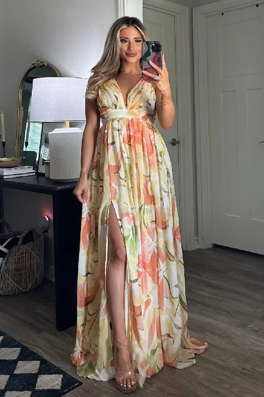 Off - the - Shoulder Women Dress for a Romantic and Feminine LookHead in the Clouds Maxi Dress: Yellow Multi