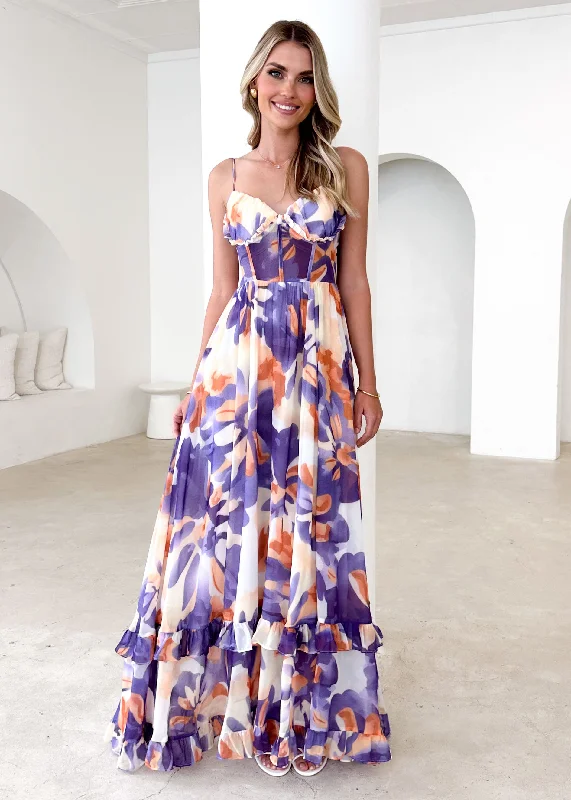 Ruffled Women Dress with Multiple Layers for a Playful and Girly StyleIver Maxi Dress - Purple Swirl