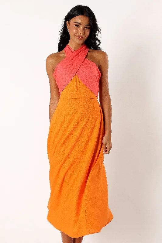 Ruffled Women Dress with Multiple Layers for a Playful and Girly StyleJaded Halterneck Midi Dress - Pink Orange