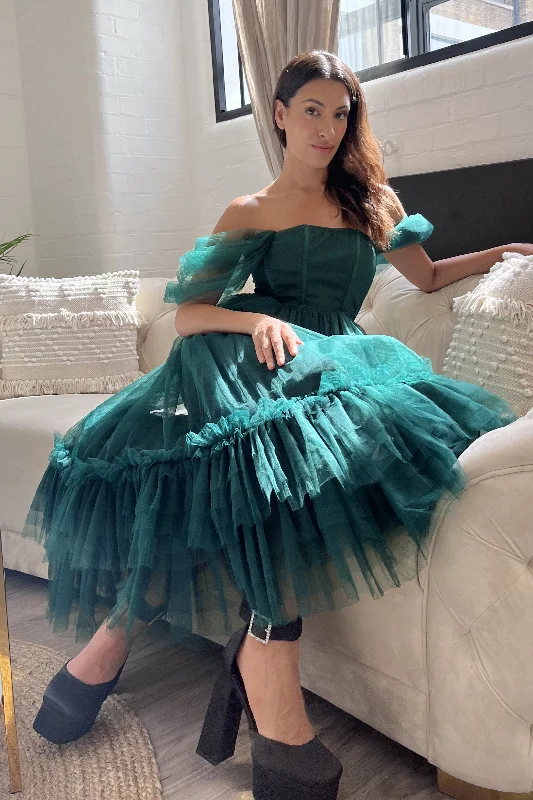 Pleated Women Dress with a Timeless and Elegant TextureJayne Emerald Green Tulle Midi Dress