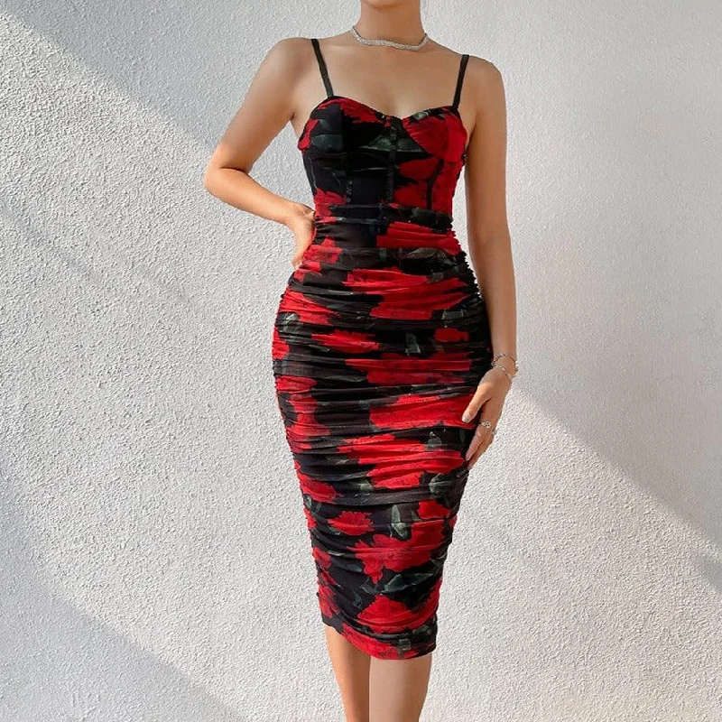 Strapless Women Dress with a Built - in Bra for Comfort and SupportKittenAlarm - Lorraine Floral Ruched Midi Dress