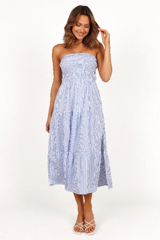 Sheath Women Dress with a Tailored Fit for a Professional LookMaisie Strapless Midi Dress - Blue Stripe