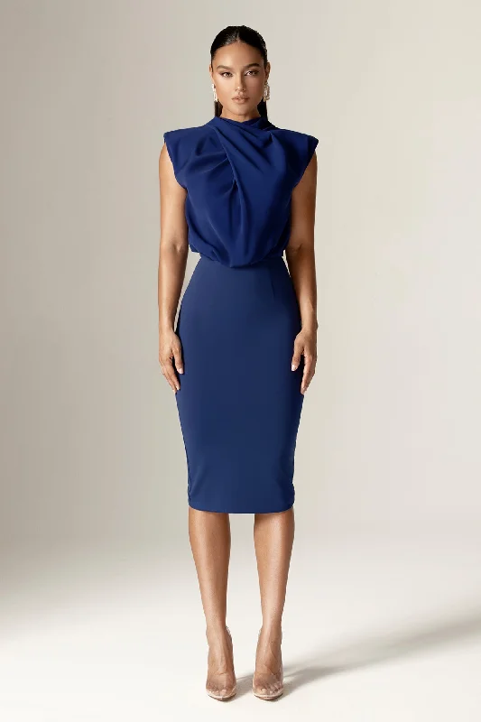 Long - Sleeve Women Dress in Velvet for a Luxurious Winter LookMaxine Crepe Midi Dress (Navy Blue)