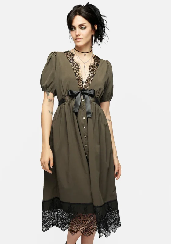 Maxi Women Dress with Floral Print for a Bohemian VibeMortuary Lace Button Up Midi Dress in Tea Leaf