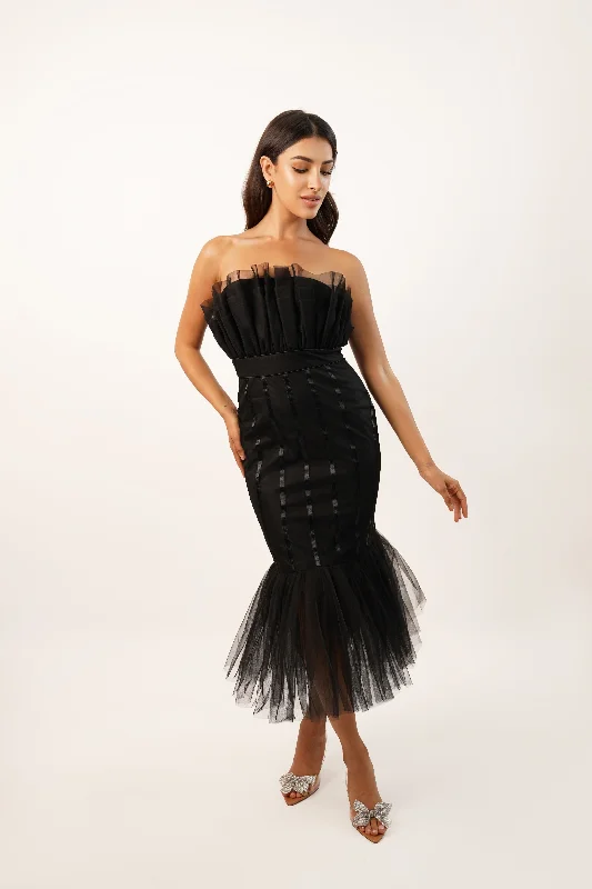 Halter Neck Women Dress to Show Off the Shoulders and NecklineNero Black Strapless Midi Dress