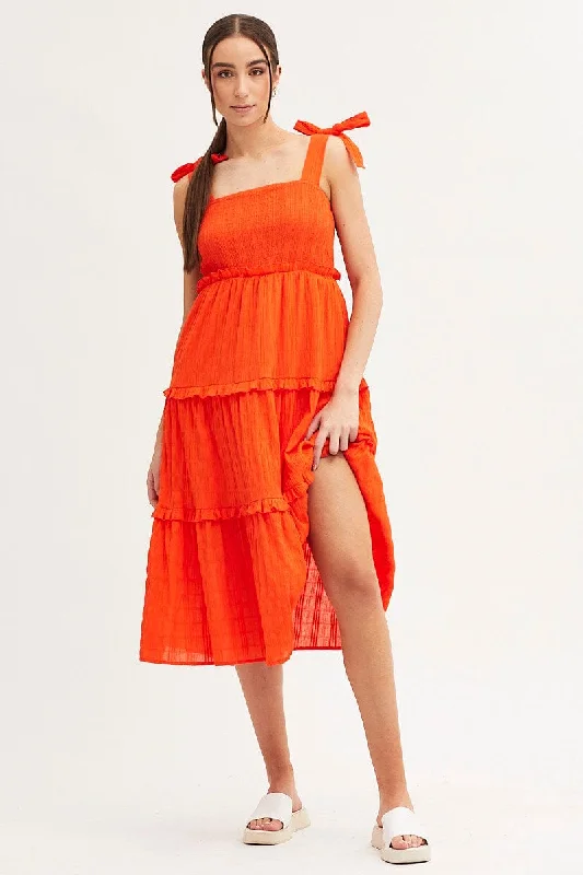 Shift Women Dress with a Simple and Classic Design for Everyday WearOrange Midi Dress Sleeveless Shirred Texture Cotton