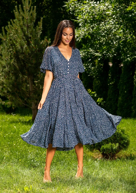 Ruffled Women Dress with Multiple Layers for a Playful and Girly StylePolka Blue Midi Dress