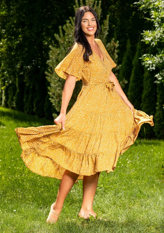 Off - the - Shoulder Women Dress for a Romantic and Feminine LookPolka Mustard Midi Dress