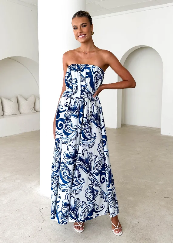 Sleeveless Women Dress in Bright Colors for Summer PartiesRabiah Strapless Maxi Dress - Blue Paisley