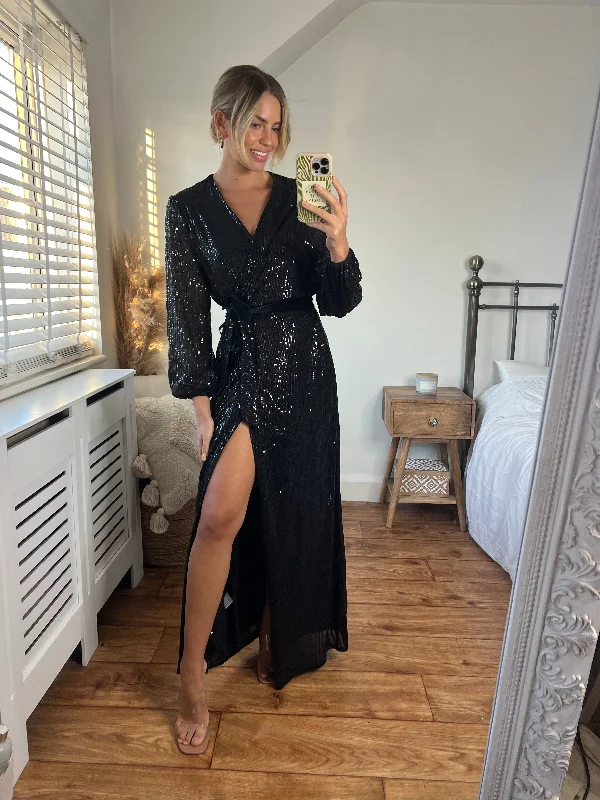 Mermaid - Style Women Dress with a Fitted Silhouette for Special OccasionsRia Sequin Wrap Maxi Dress / Black